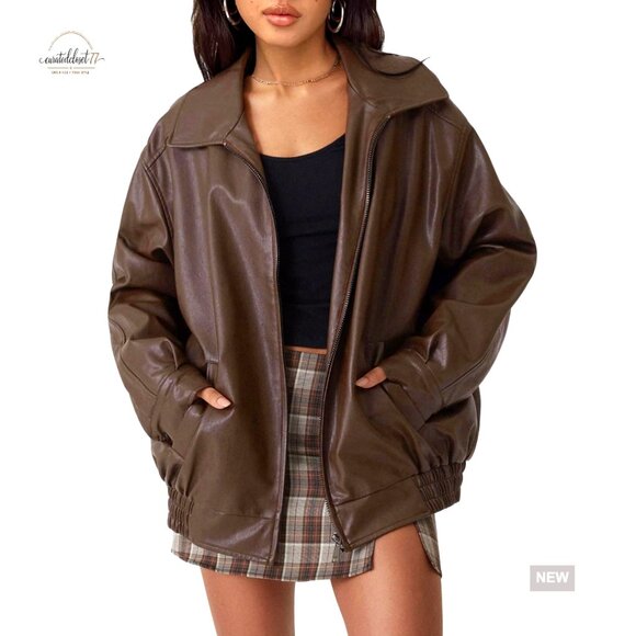 Oversized Faux Leather Motorcycle Jacket Y2K Punk Style Zipper Closure